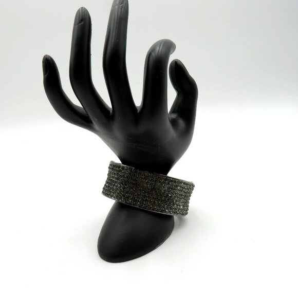 Black Rhinestone Studded Clamper Cuff Bracelet Gun Metal Gray Tone - Picture 6 of 9
